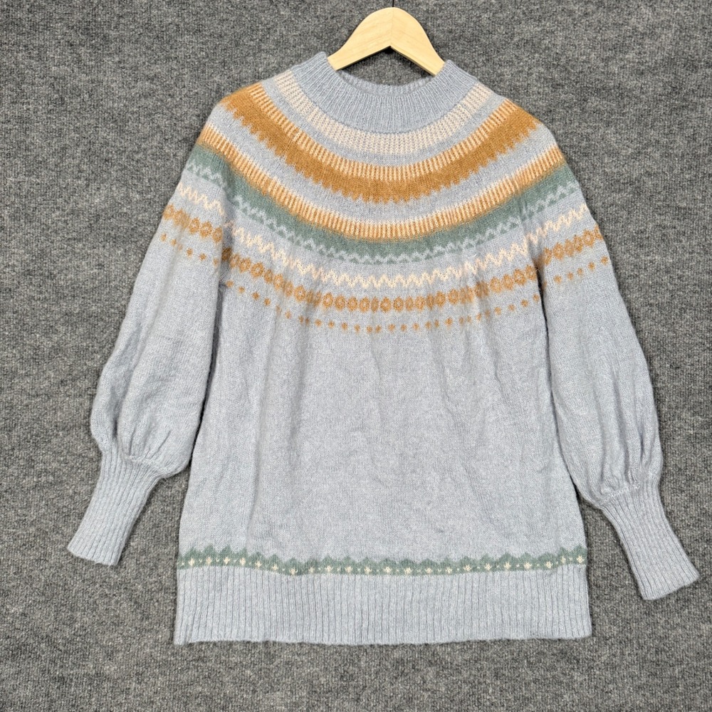 J Crew Size Medium‎ Sweater Blue Fair Isle Yoke Puff Sleeve Alpaca Wool Blend